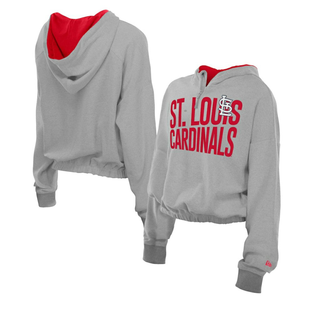St. Louis Cardinals Women's Reversed Out French Terry Quarter-Zip Banded Crop Hoodie Heather Gray | New Era