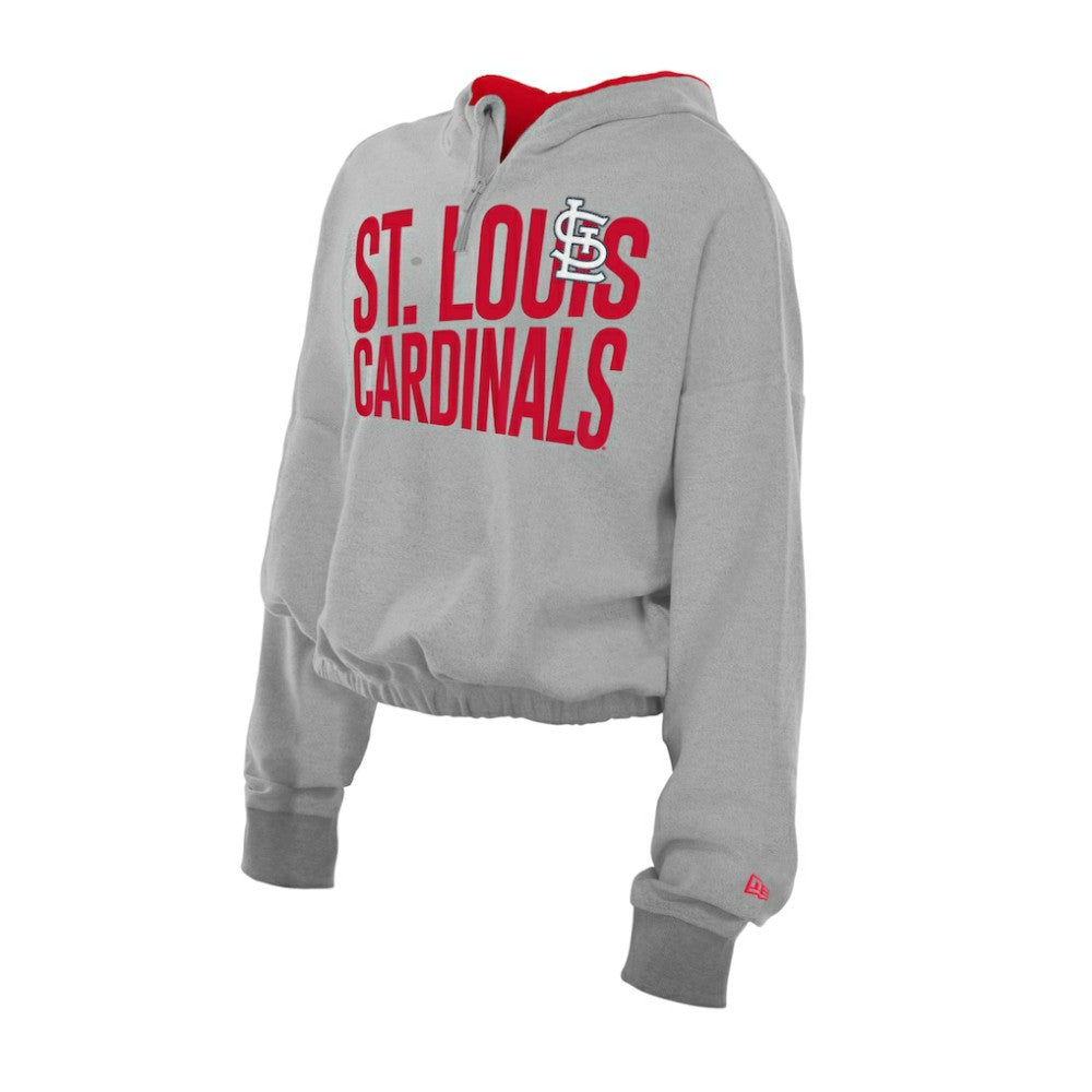 St. Louis Cardinals Women's Reversed Out French Terry Quarter-Zip Banded Crop Hoodie Heather Gray | New Era