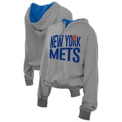 New York Mets Women's Reversed Out French Terry Quarter-Zip Banded Crop Hoodie Heather Gray | New Era