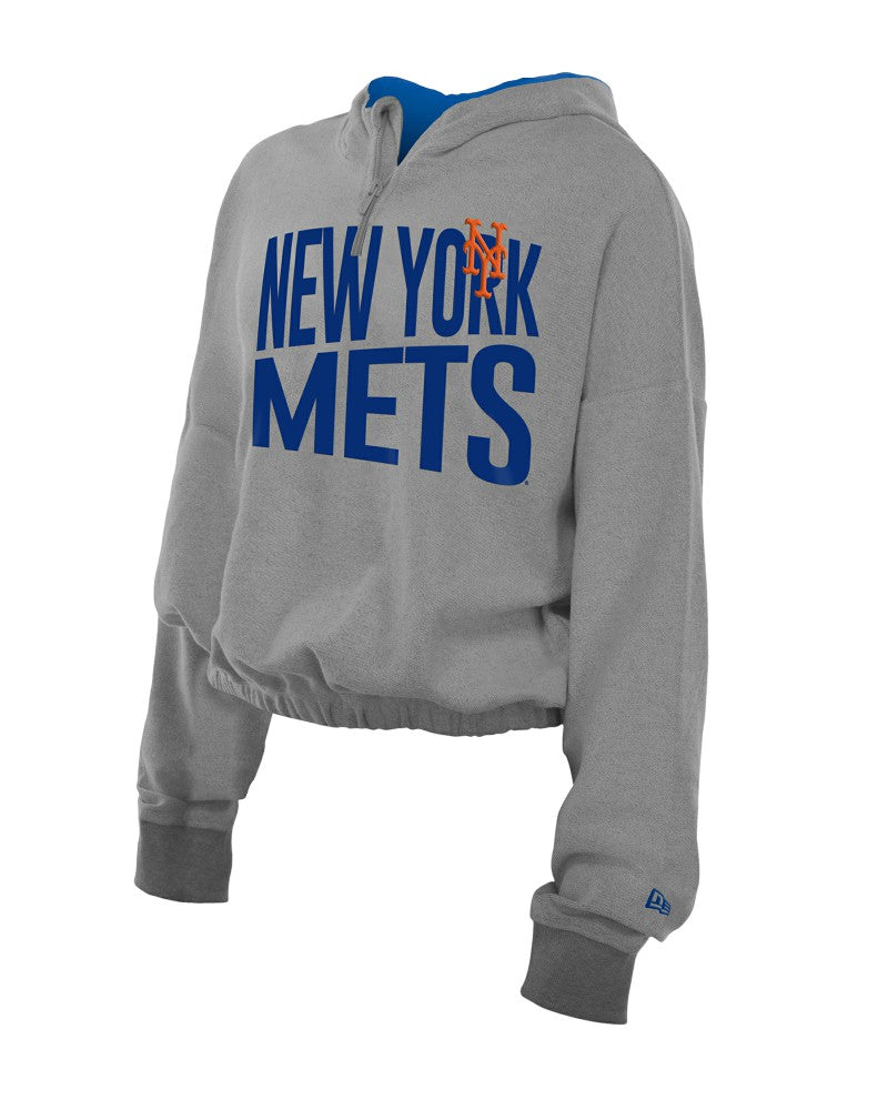 New York Mets Women's Reversed Out French Terry Quarter-Zip Banded Crop Hoodie Heather Gray | New Era