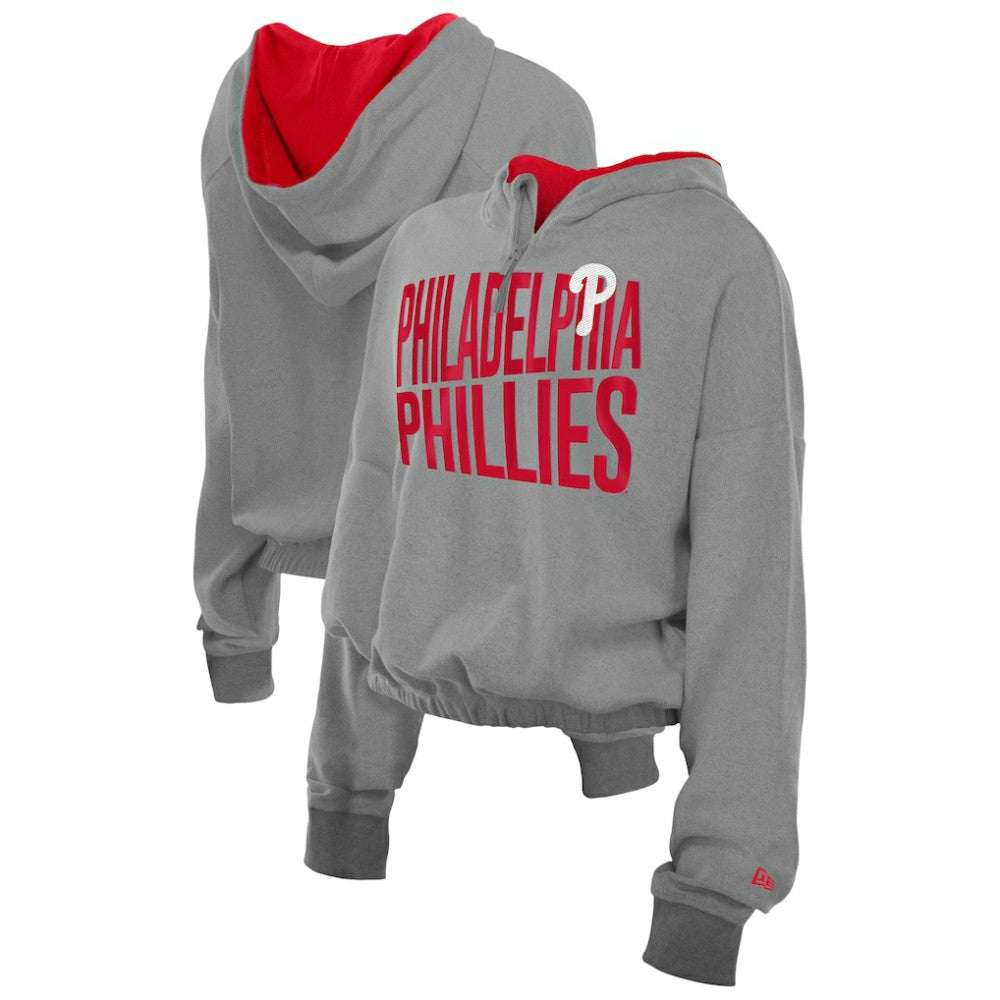 Philadelphia Phillies Women's Reversed Out French Terry Quarter-Zip Banded Crop Hoodie Heather Gray | New Era