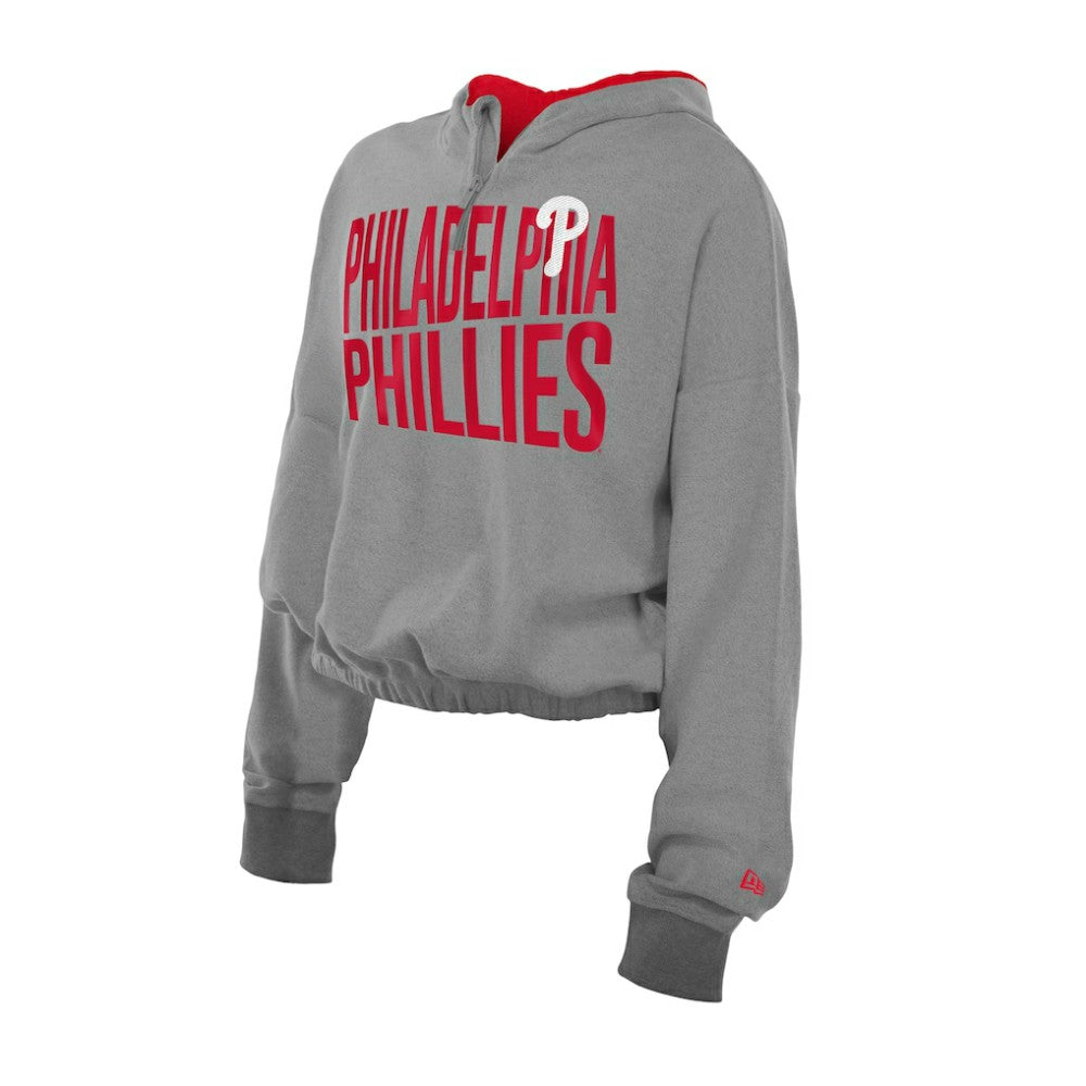 Philadelphia Phillies Women's Reversed Out French Terry Quarter-Zip Banded Crop Hoodie Heather Gray | New Era