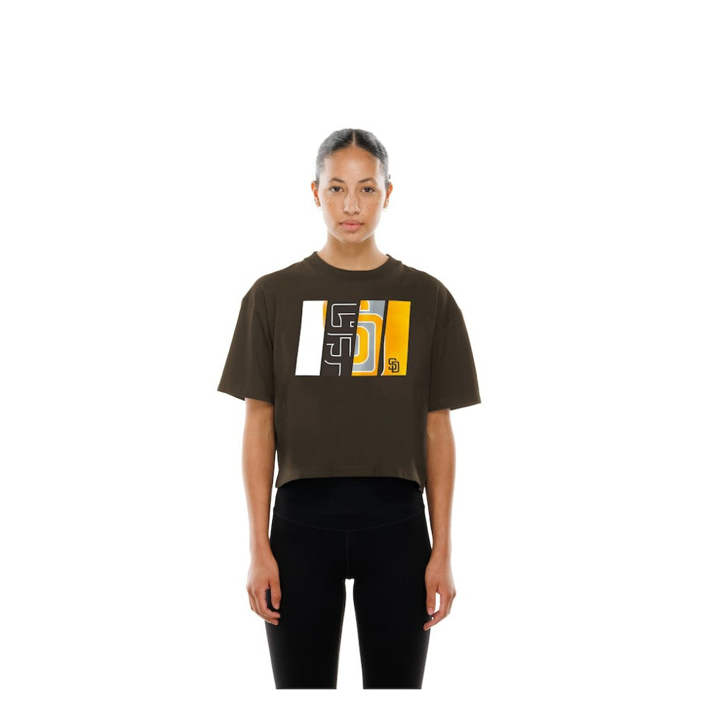 San Diego Padres Women's Boxy Foil Logo T-Shirt Brown | New Era