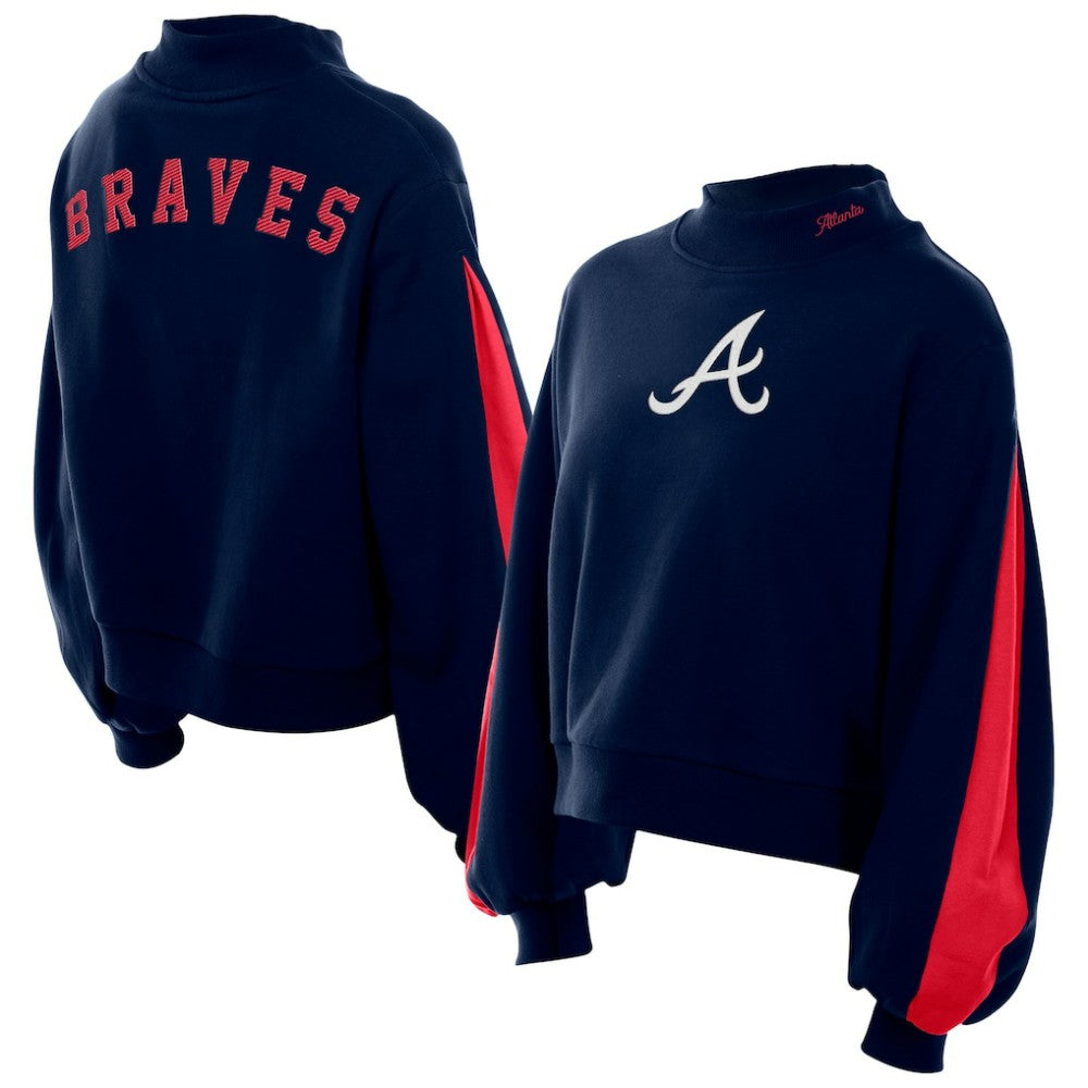 Atlanta Braves Women's Mock Neck Balloon Sleeve Sweatshirt Navy | New Era