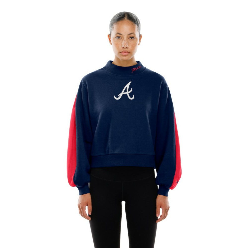 Atlanta Braves Women's Mock Neck Balloon Sleeve Sweatshirt Navy | New Era