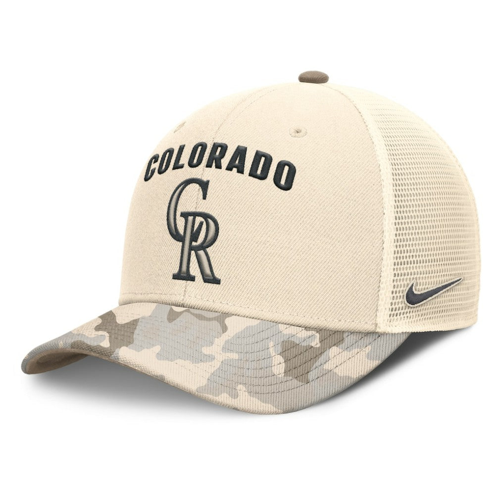Colorado Rockies Camo Natural Pack Rise Adjustable Trucker Hat Natural | Nike