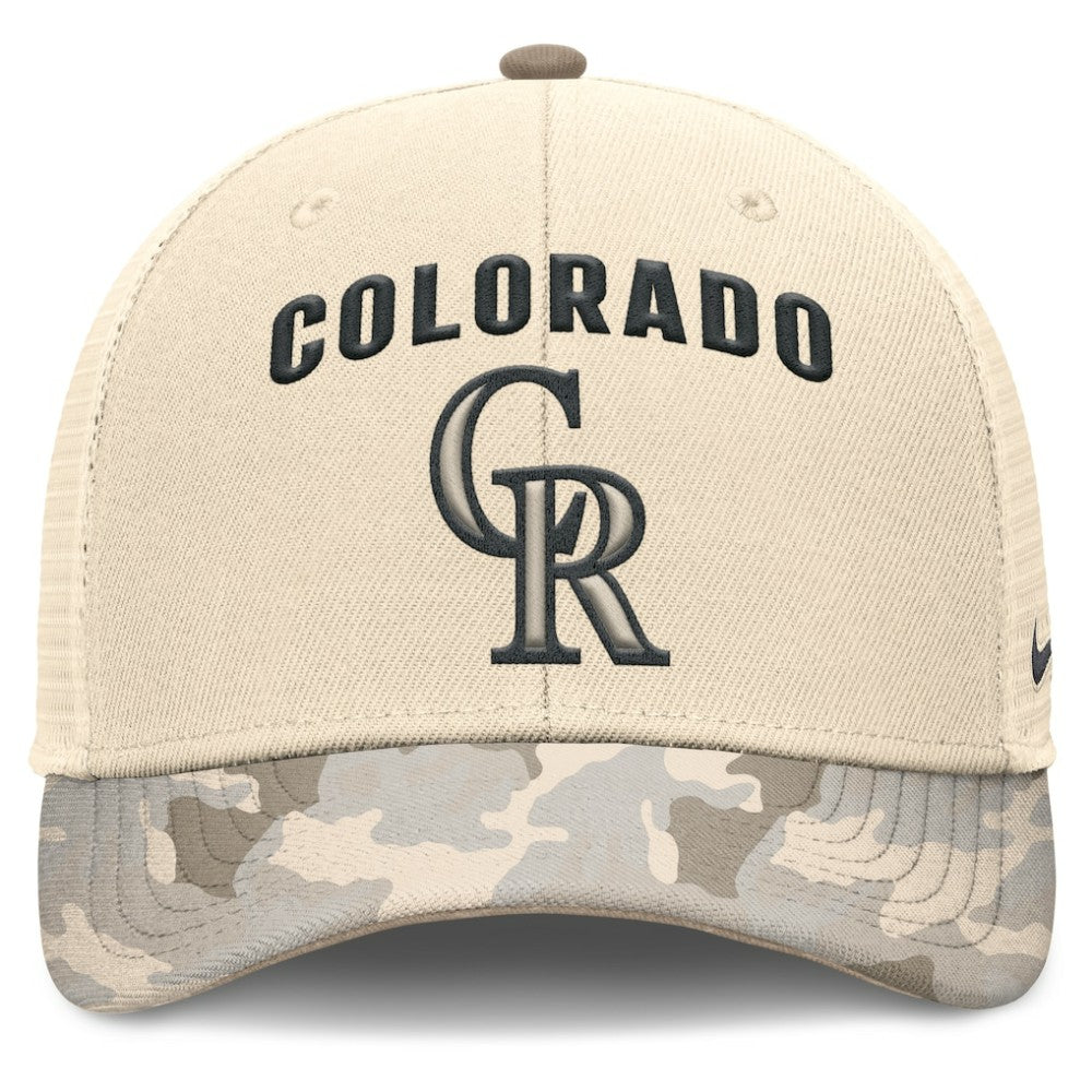 Colorado Rockies Camo Natural Pack Rise Adjustable Trucker Hat Natural | Nike