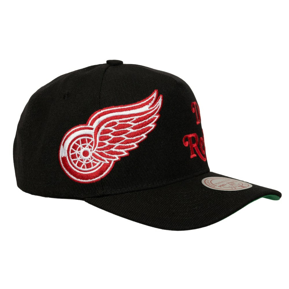 Detroit Red Wings Mitchell & Ness Busted Logo Wordmark Wrap-Around Pro Pinch Adjustable Hat Black