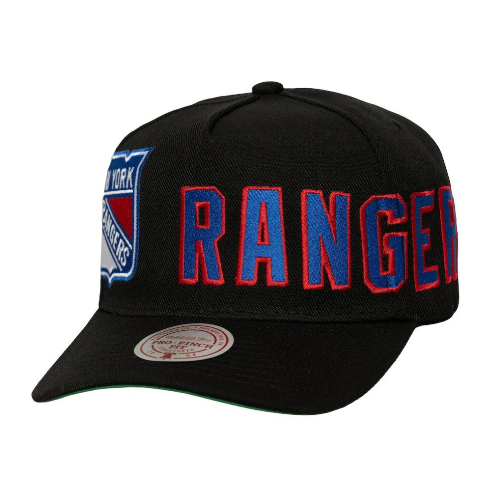 New York Rangers Mitchell & Ness Busted Logo Wordmark Wrap-Around Pro Pinch Adjustable Hat Black