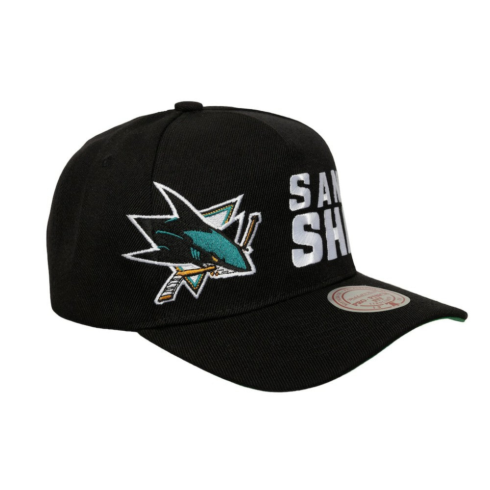 San Jose Sharks Mitchell & Ness Busted Logo Wordmark Wrap-Around Pro Pinch Adjustable Hat Black