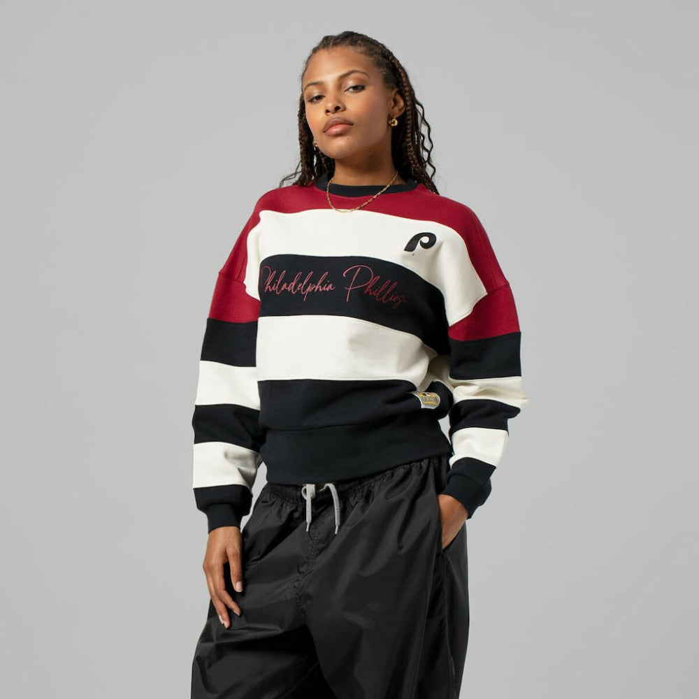 Philadelphia Phillies Women's Cooperstown Collection Blocked Fleece Pullover Sweatshirt- Burgundy/Black | Mitchell & Ness