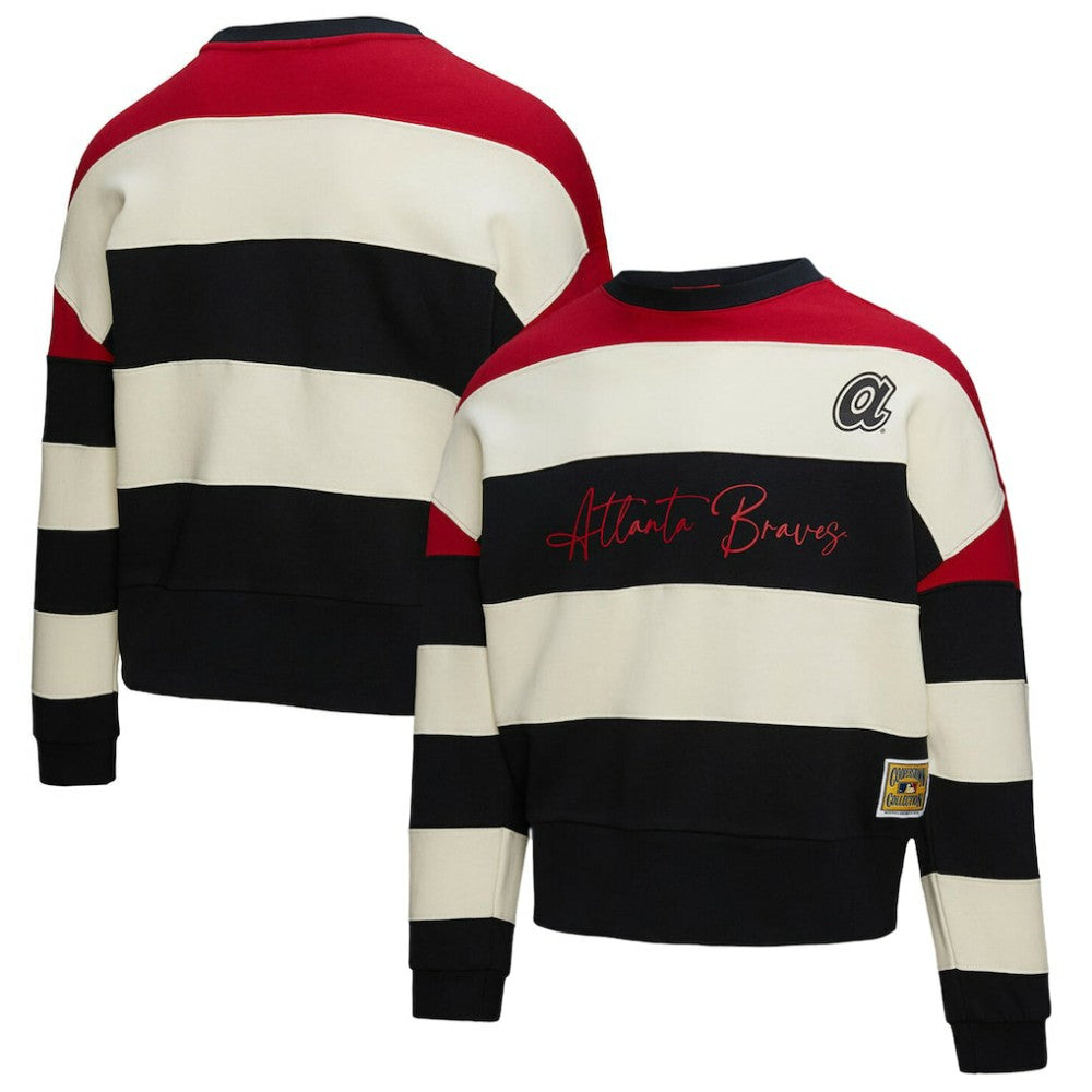 Atlanta Braves Women's Cooperstown Collection Blocked Fleece Pullover Sweatshirt- Red/Black | Mitchell & Ness
