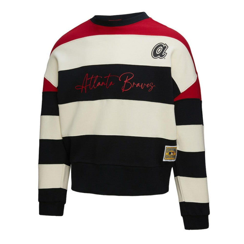 Atlanta Braves Women's Cooperstown Collection Blocked Fleece Pullover Sweatshirt- Red/Black | Mitchell & Ness
