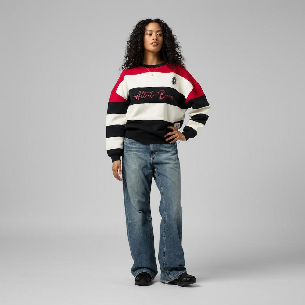 Atlanta Braves Women's Cooperstown Collection Blocked Fleece Pullover Sweatshirt- Red/Black | Mitchell & Ness