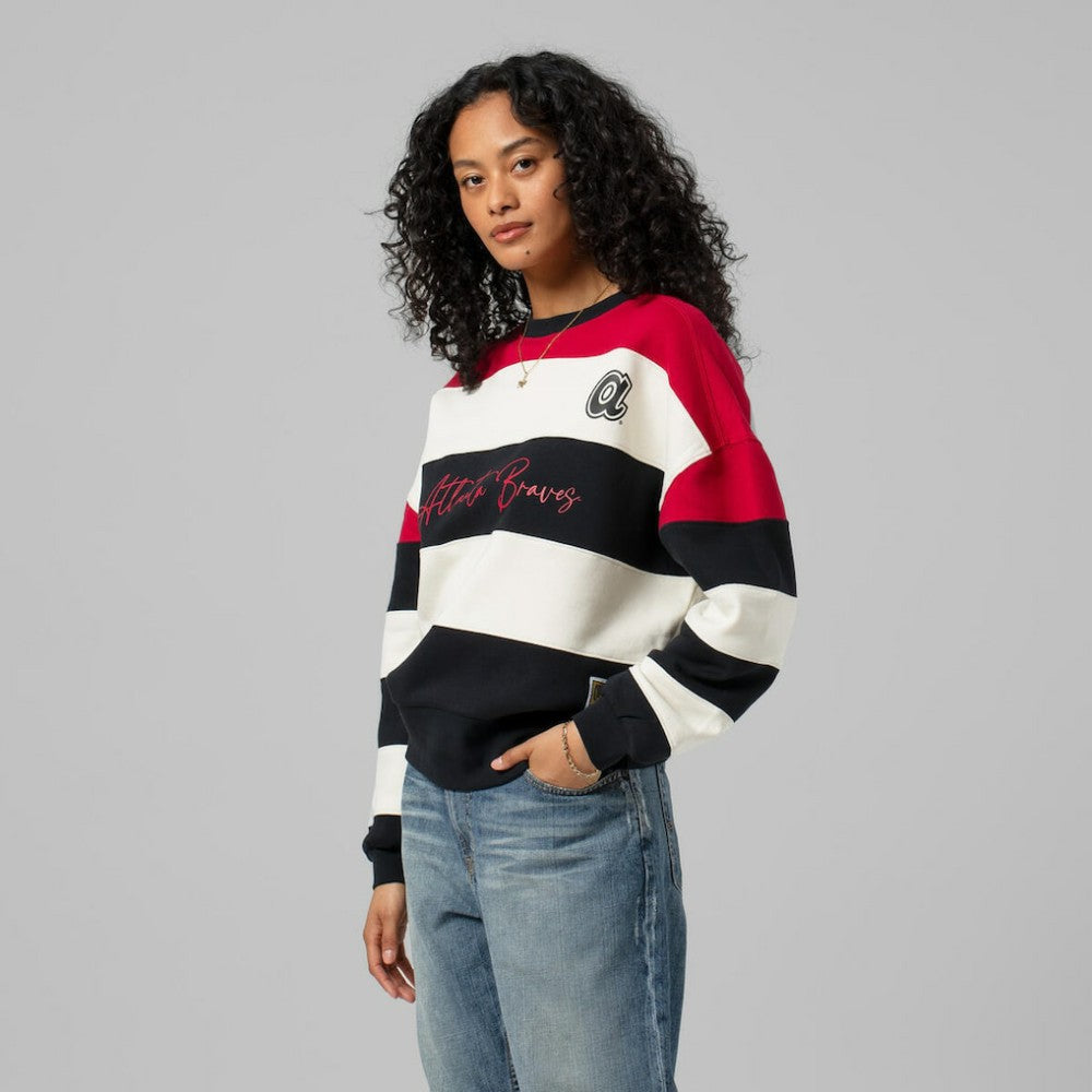 Atlanta Braves Women's Cooperstown Collection Blocked Fleece Pullover Sweatshirt- Red/Black | Mitchell & Ness
