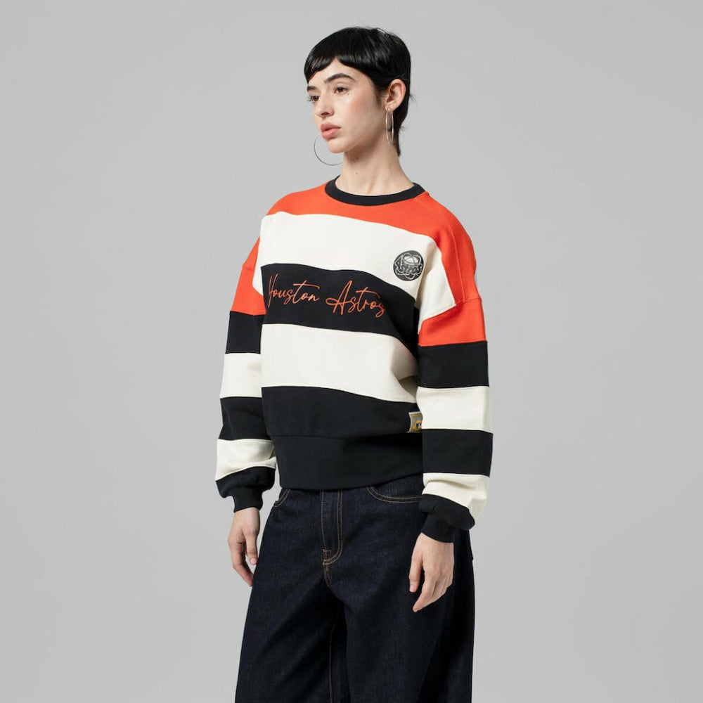 Houston Astros Women's Cooperstown Collection Blocked Fleece Pullover Sweatshirt- Orange/Black | Mitchell & Ness
