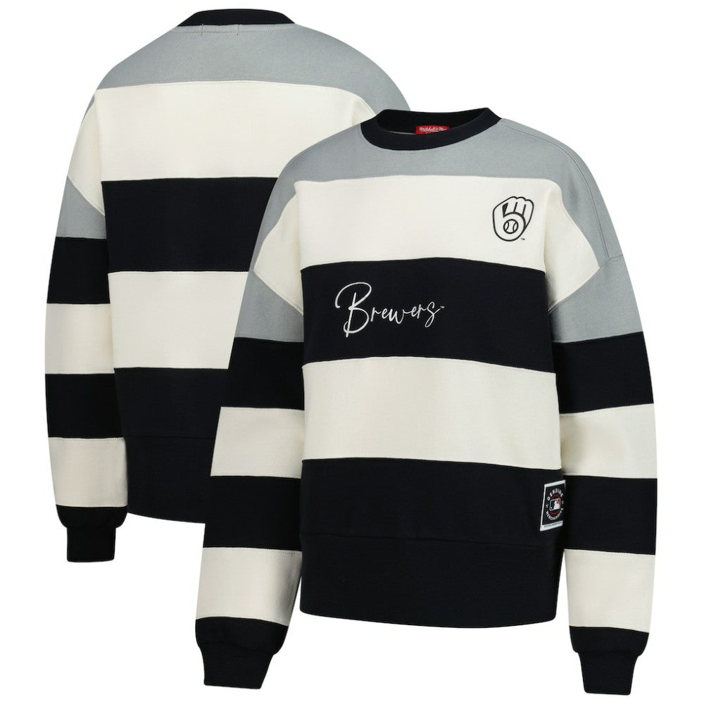 Milwaukee Brewers Women's Cooperstown Collection Blocked Fleece Pullover Sweatshirt- Gray/Black | Mitchell & Ness