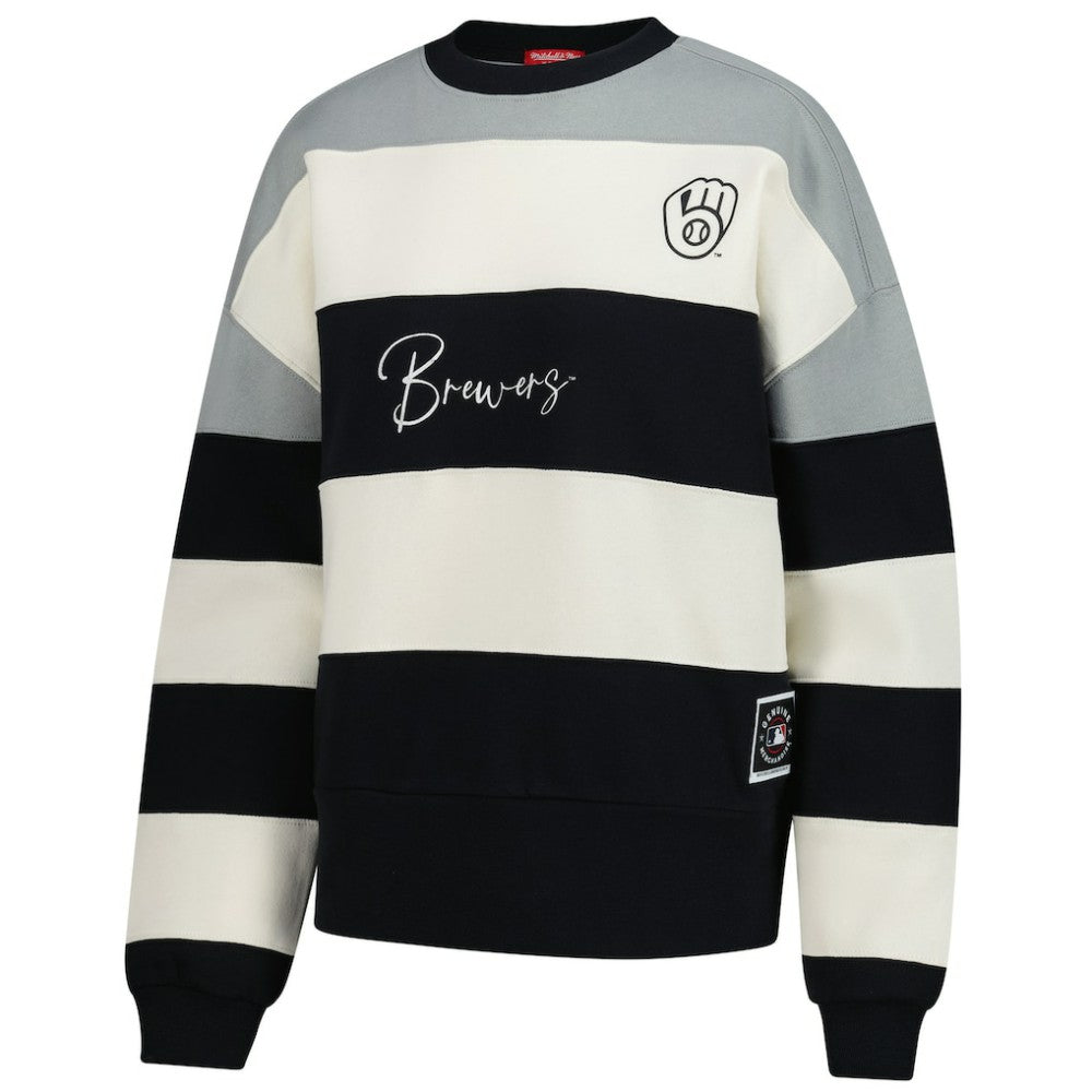 Milwaukee Brewers Women's Cooperstown Collection Blocked Fleece Pullover Sweatshirt- Gray/Black | Mitchell & Ness