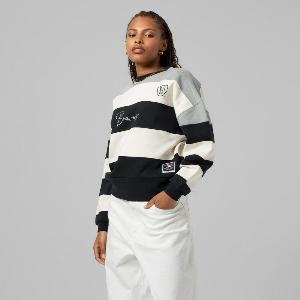 Milwaukee Brewers Women's Cooperstown Collection Blocked Fleece Pullover Sweatshirt- Gray/Black | Mitchell & Ness