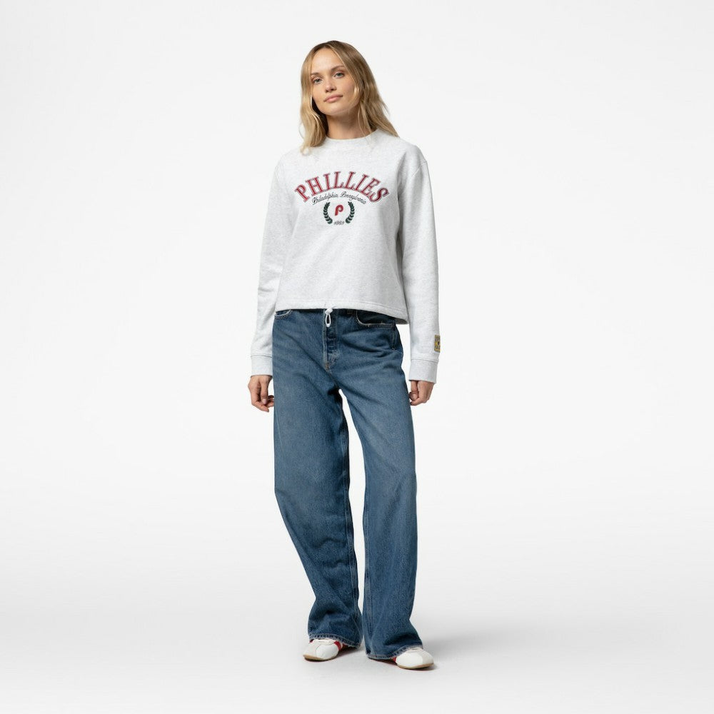 Philadelphia Phillies Women's Cropped Toggle Pullover Sweatshirt Heather Gray | Mitchell & Ness