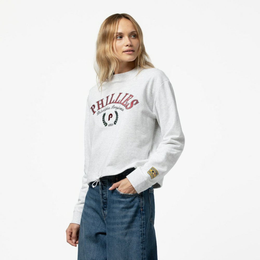 Philadelphia Phillies Women's Cropped Toggle Pullover Sweatshirt Heather Gray | Mitchell & Ness