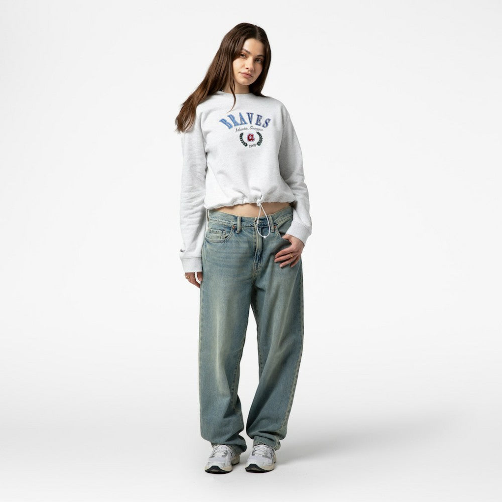 Atlanta Braves Women's Cropped Toggle Pullover Sweatshirt Heather Gray | Mitchell & Ness
