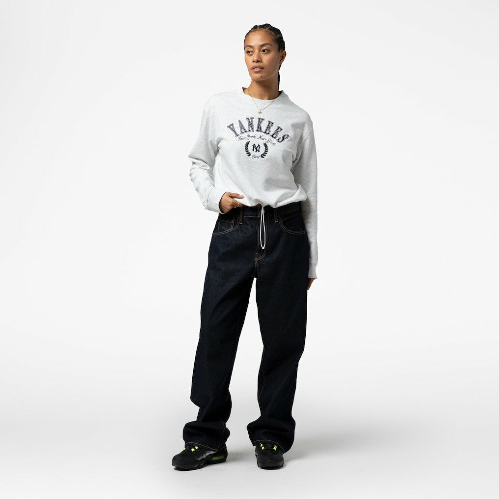 New York Yankees Women's Cropped Toggle Pullover Sweatshirt Heather Gray | Mitchell & Ness