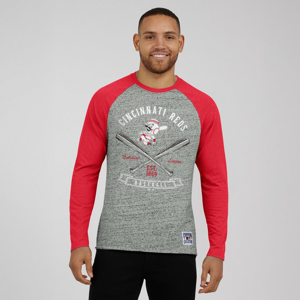 Cincinnati Reds Darius Rucker Collection Raw Edge Raglan Long Sleeve Baseball T-Shirt Heather Gray