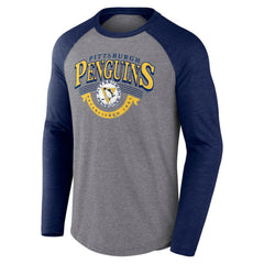 Pittsburgh Penguins Fanatics Goal Crease Raglan Tri-Blend Long Sleeve T-Shirt Heather Gray/Heather Navy