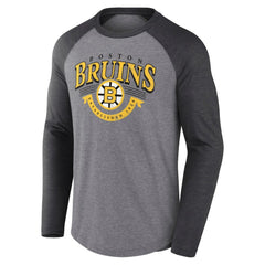 Boston Bruins Fanatics Goal Crease Raglan Tri-Blend Long Sleeve T-Shirt Heather Gray/Heather Charcoal