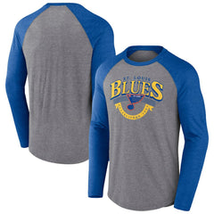 St. Louis Blues Fanatics Goal Crease Raglan Tri-Blend Long Sleeve T-Shirt Heather Gray/Heather Blue