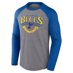 St. Louis Blues Fanatics Goal Crease Raglan Tri-Blend Long Sleeve T-Shirt Heather Gray/Heather Blue