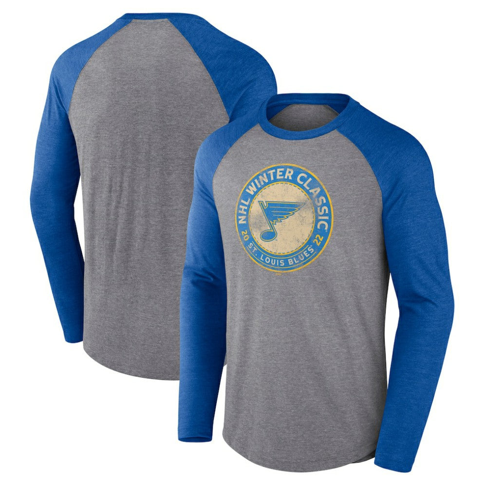St. Louis Blues Fanatics 2022 NHL Winter Classic Vintage Distressed Raglan Tri-Blend Long Sleeve T-Shirt Heather Gray/Heather Blue