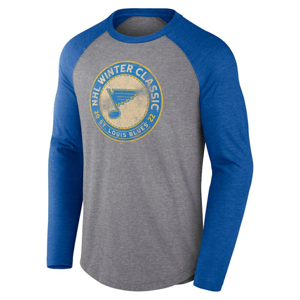 St. Louis Blues Fanatics 2022 NHL Winter Classic Vintage Distressed Raglan Tri-Blend Long Sleeve T-Shirt Heather Gray/Heather Blue