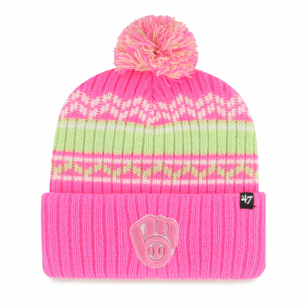 Milwaukee Brewers Youth Polar Vortex Cuffed Knit Hat with Pom Pink | 47 brand