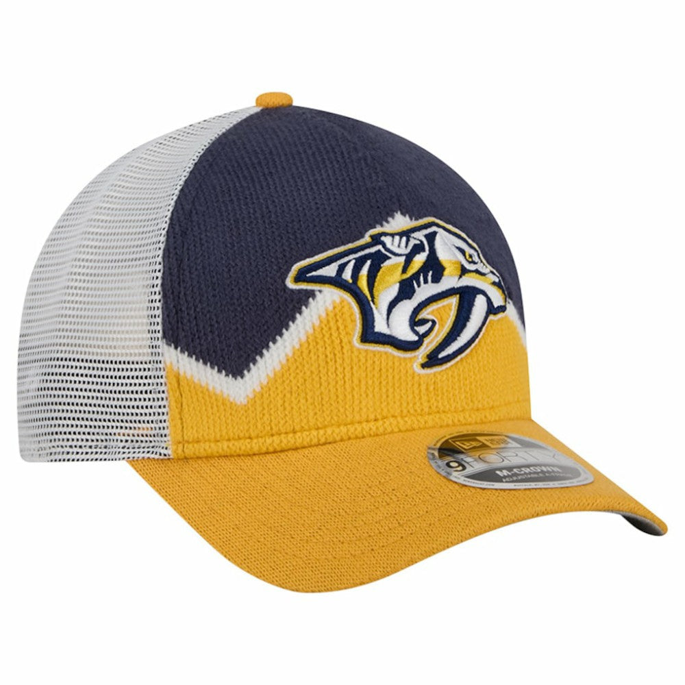 Nashville Predators New Era Hockey Sock 9FORTY A-Frame M-Crown Adjustable Trucker Hat Gold/Navy