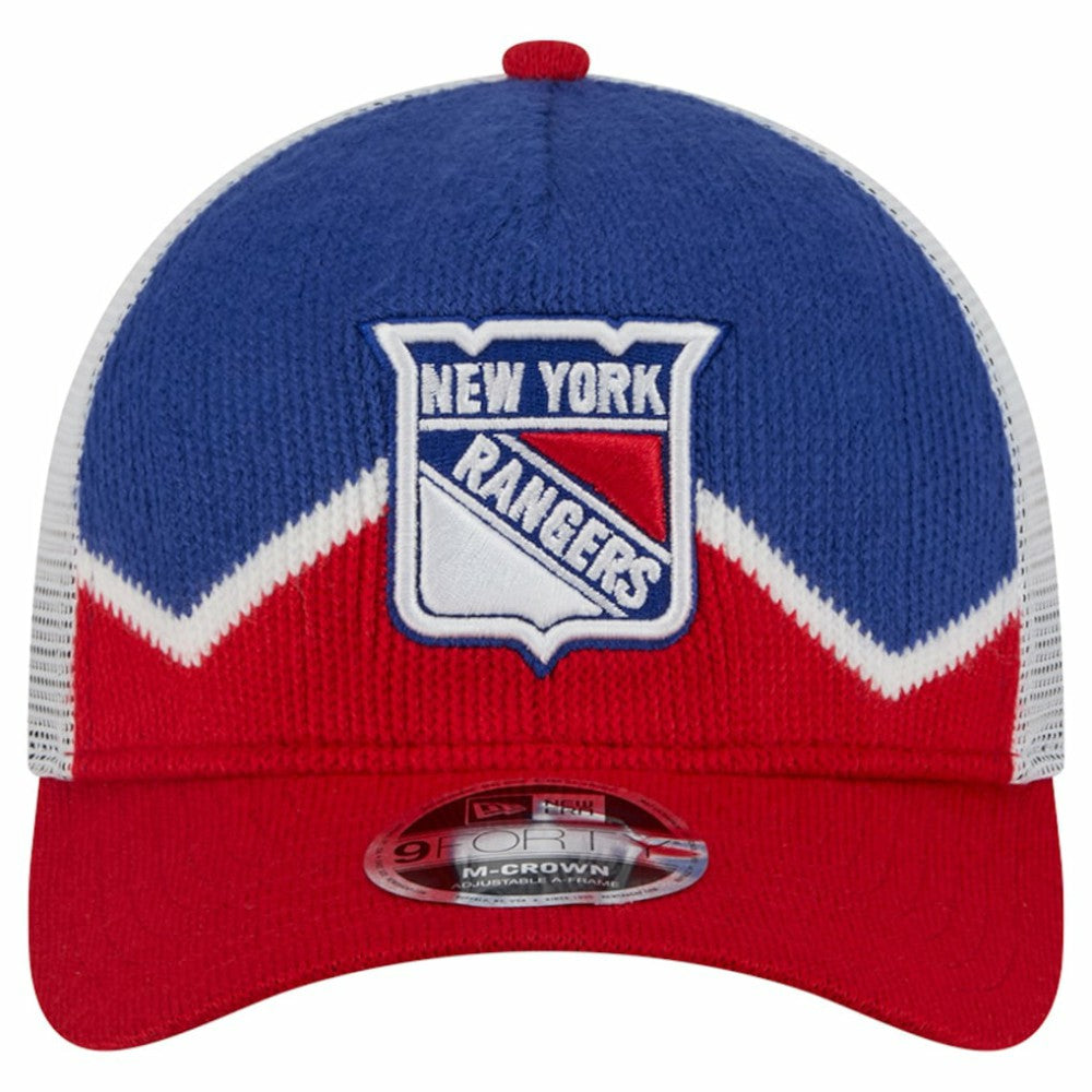 New York Rangers New Era Hockey Sock 9FORTY A-Frame M-Crown Adjustable Trucker Hat Red/Blue