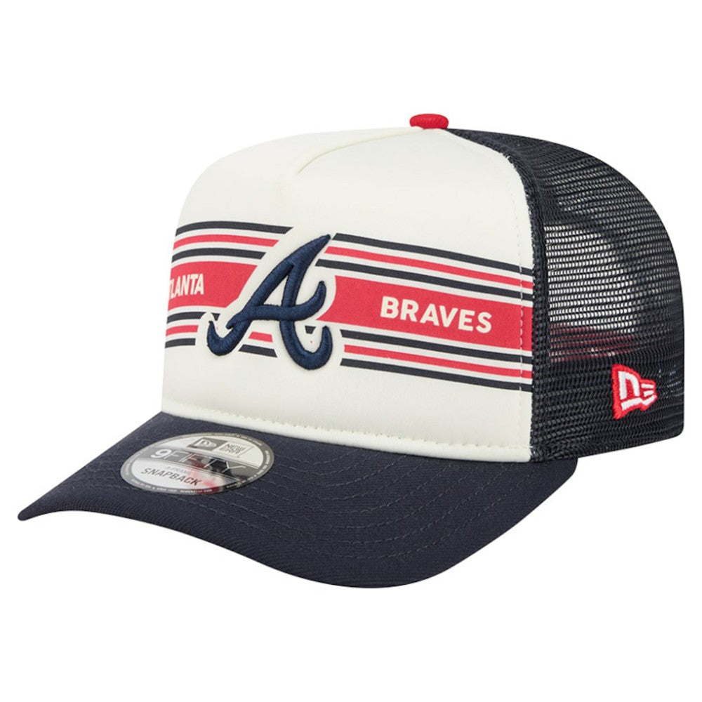 Atlanta Braves Banner A-Frame 9FIFTY Trucker Snapback Hat Cream/Navy | New Era