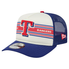 Texas Rangers Banner A-Frame 9FIFTY Trucker Snapback Hat Cream/Royal | New Era
