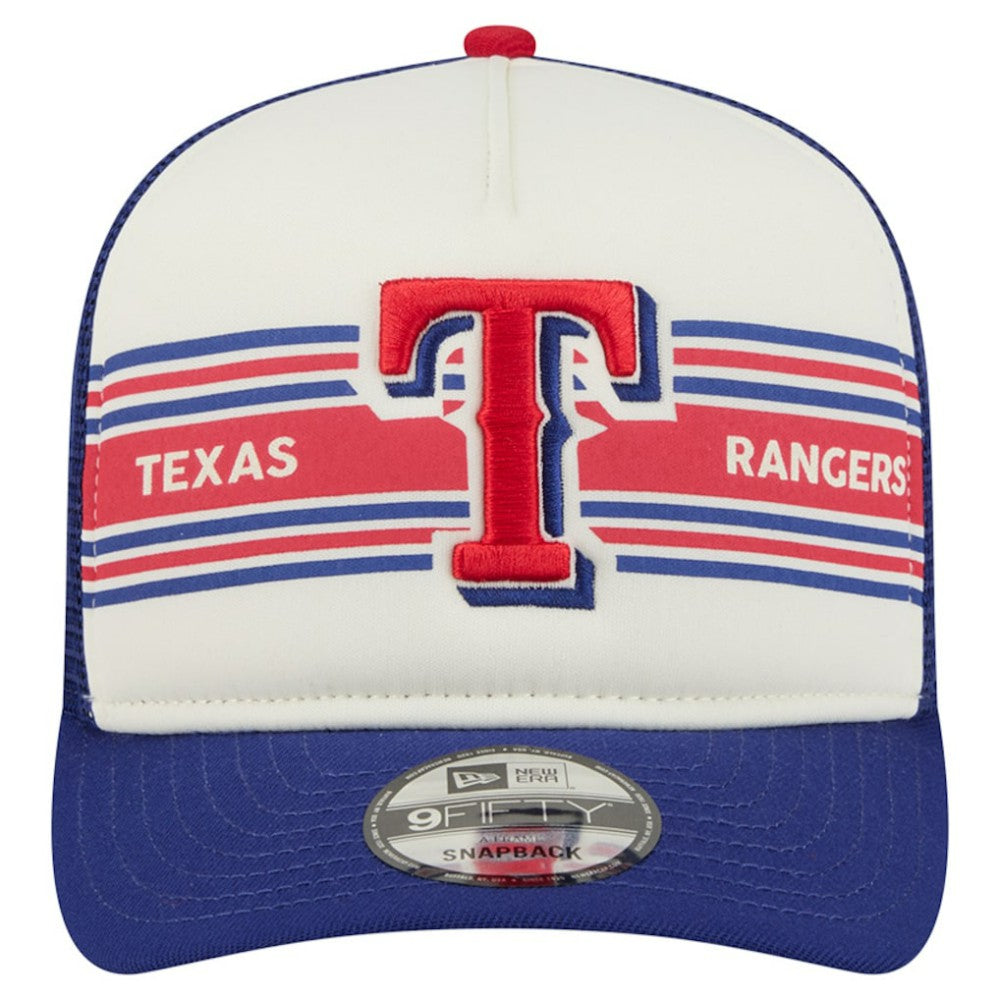 Texas Rangers Banner A-Frame 9FIFTY Trucker Snapback Hat Cream/Royal | New Era
