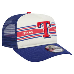 Texas Rangers Banner A-Frame 9FIFTY Trucker Snapback Hat Cream/Royal | New Era