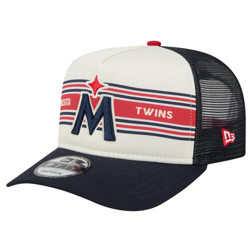 Minnesota Twins Banner A-Frame 9FIFTY Trucker Snapback Hat Cream/Navy | New Era