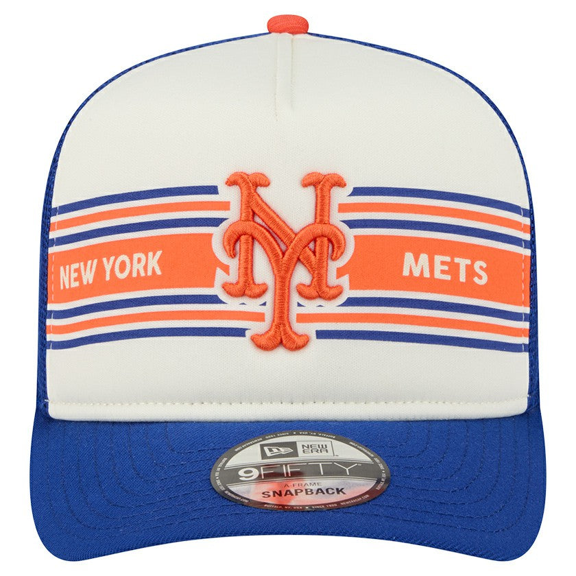 New York Mets Banner A-Frame 9FIFTY Trucker Snapback Hat Cream/Royal | New Era
