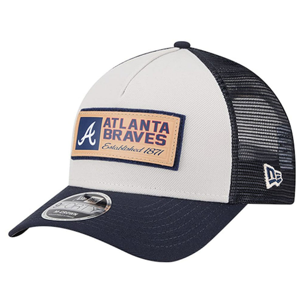 Atlanta Braves Text A-Frame Trucker 9FORTY Hat Stone/Navy | New Era