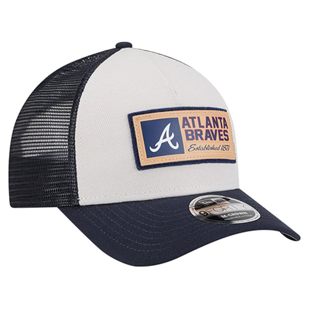 Atlanta Braves Text A-Frame Trucker 9FORTY Hat Stone/Navy | New Era