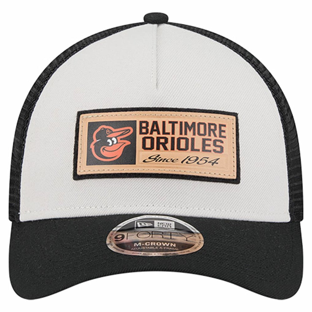 Baltimore Orioles Text A-Frame Trucker 9FORTY Hat Stone/Black | New Era