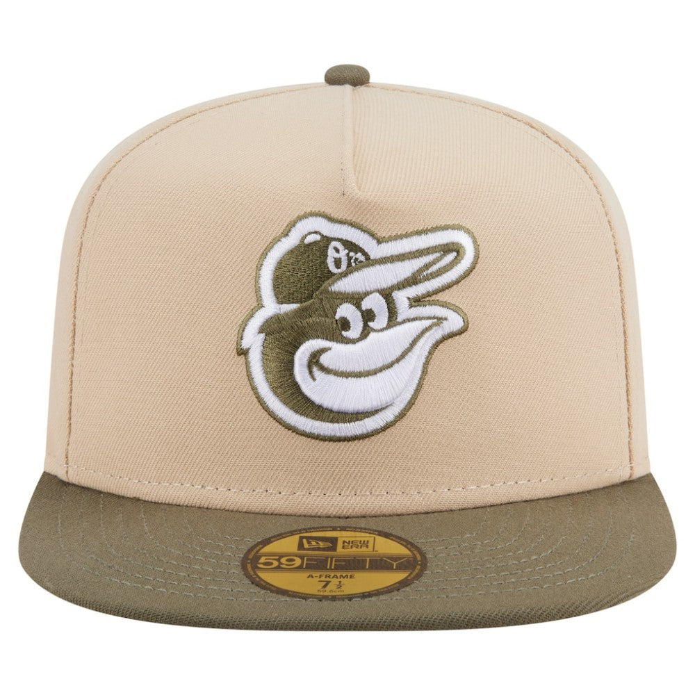 Baltimore Orioles Two-Tone Color Pack A-Frame 59FIFTY Fitted Hat Light Beige/Olive | New Era