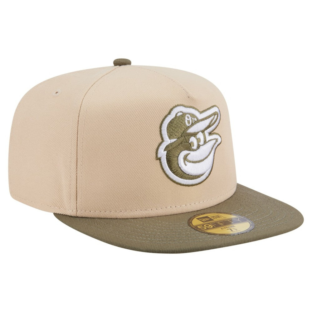 Baltimore Orioles Two-Tone Color Pack A-Frame 59FIFTY Fitted Hat Light Beige/Olive | New Era