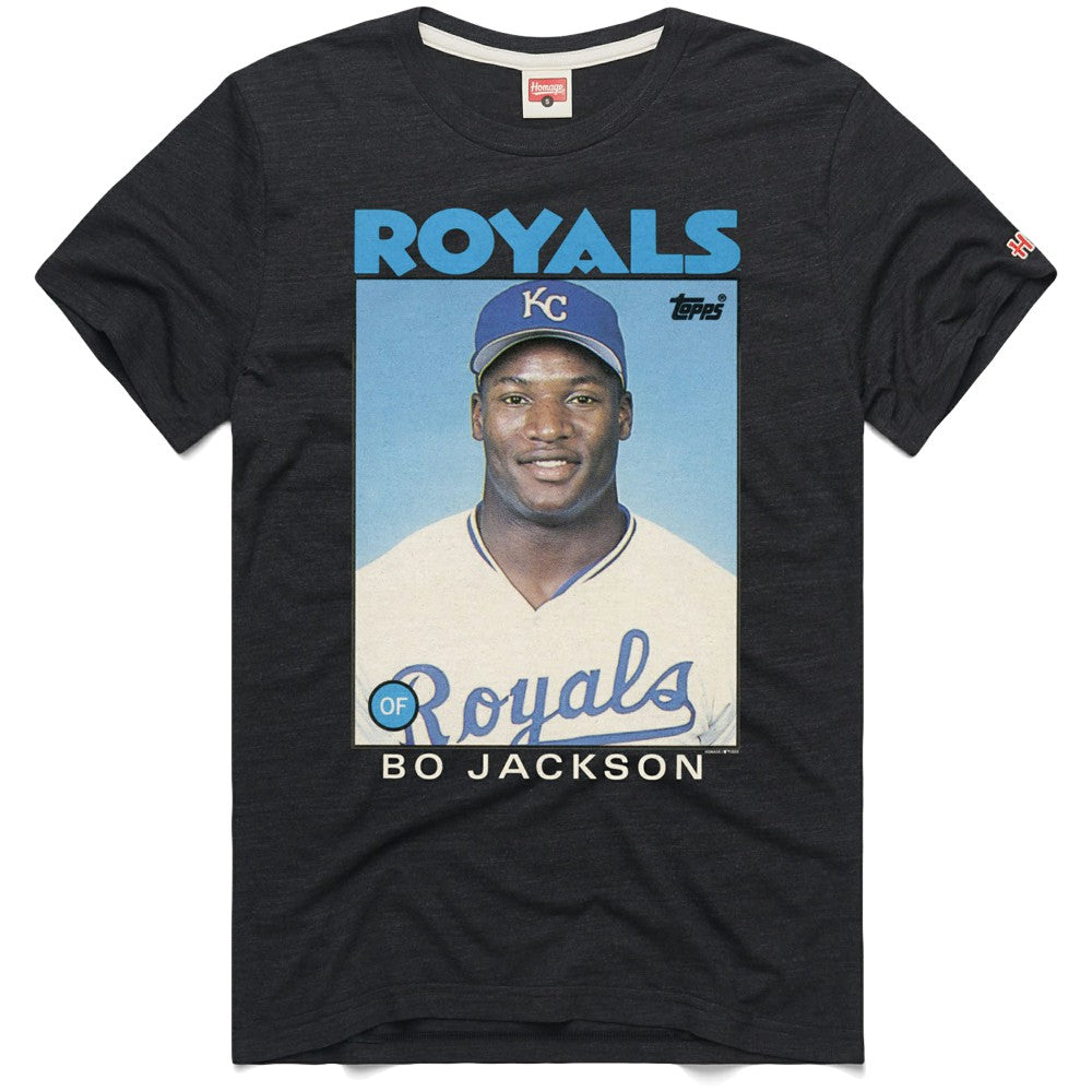 Bo Jackson Kansas City Royals Homage 1986 Topps Baseball Card Player T-Shirt Charcoal