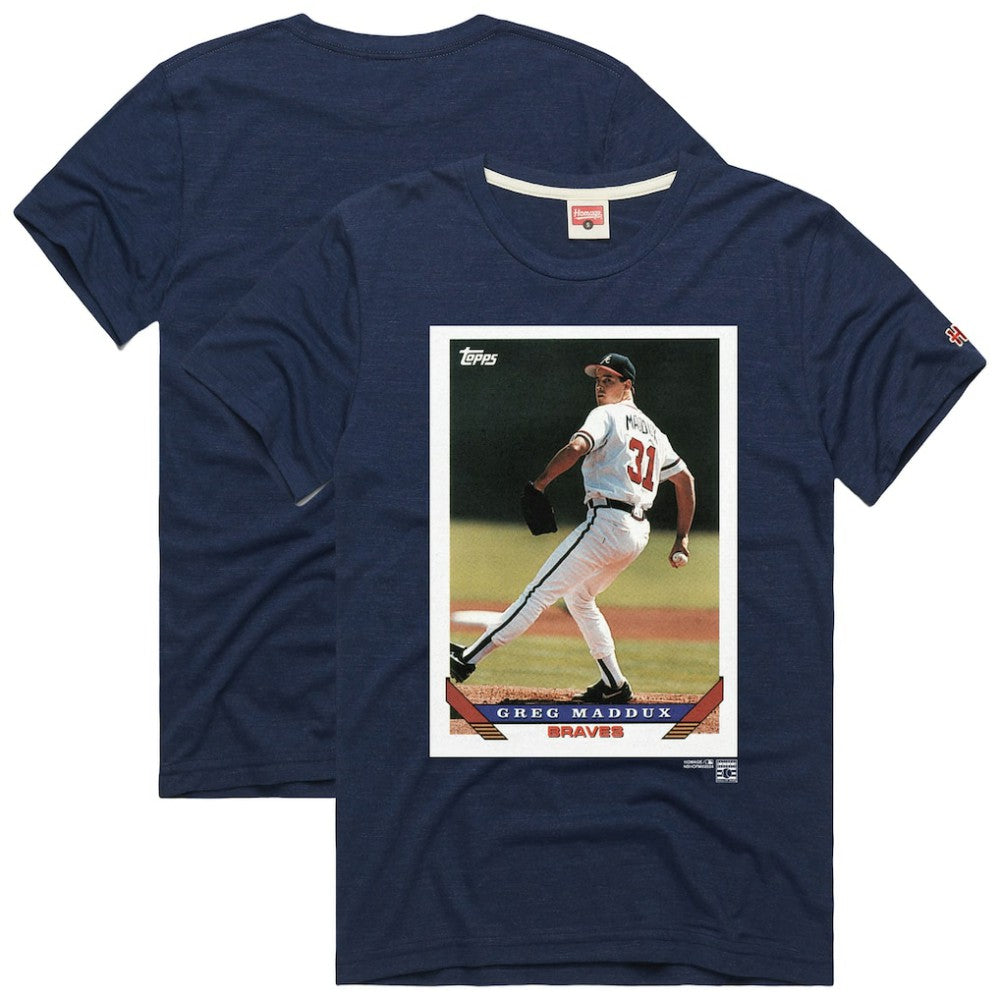 Greg Maddux Atlanta Braves Homage 1993 Topps Baseball Card Player T-Shirt Navy
